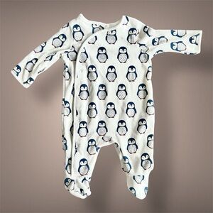 New Cozy Penguin Footed One-Piece - White with Navy Penguins